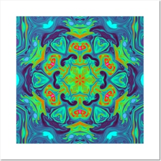 Psychedelic Mandala Flower Green Blue and Red Posters and Art